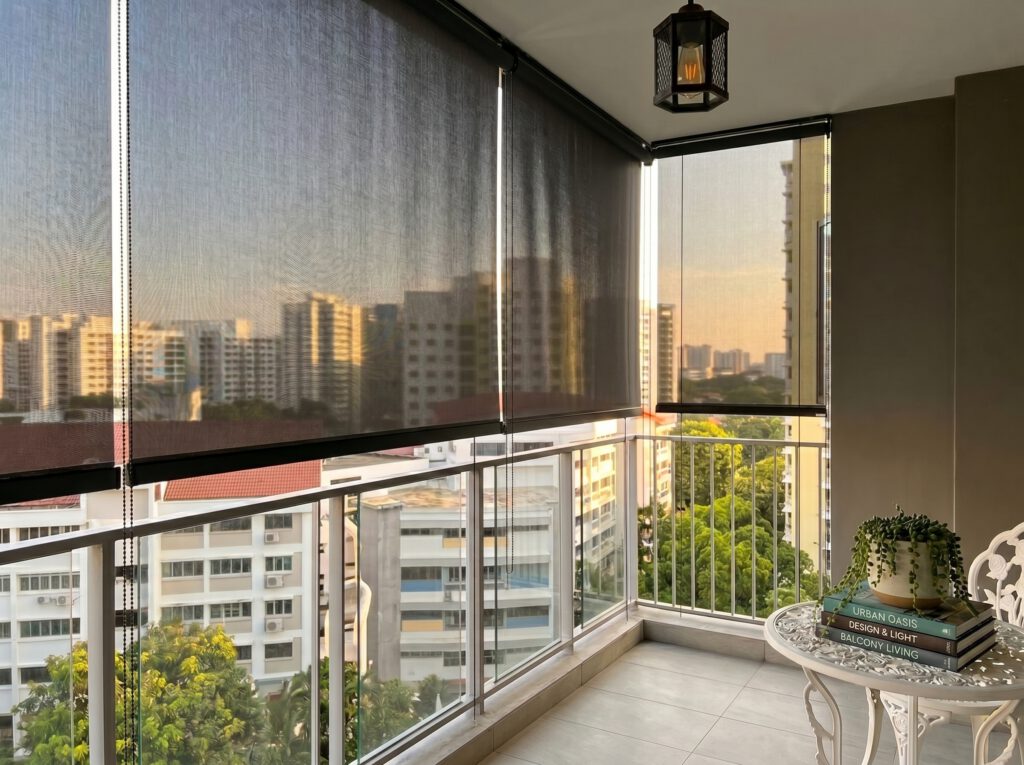 Outdoor blinds installed on a condo balcony to reduce heat, glare and afternoon sun.