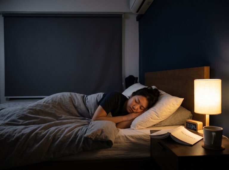 Woman sleeping peacefully in a Singapore HDB bedroom with blackout roller blind fully closed, room in complete darkness, no light penetration through window blind fabric
