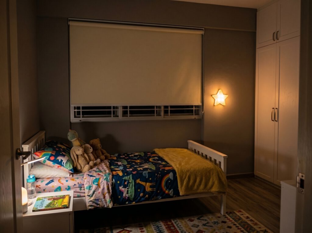 Blackout roller blind in a child's bedroom in a Punggol HDB Singapore, room in cosy darkness with soft night light, ideal for daytime naps and early bedtimes