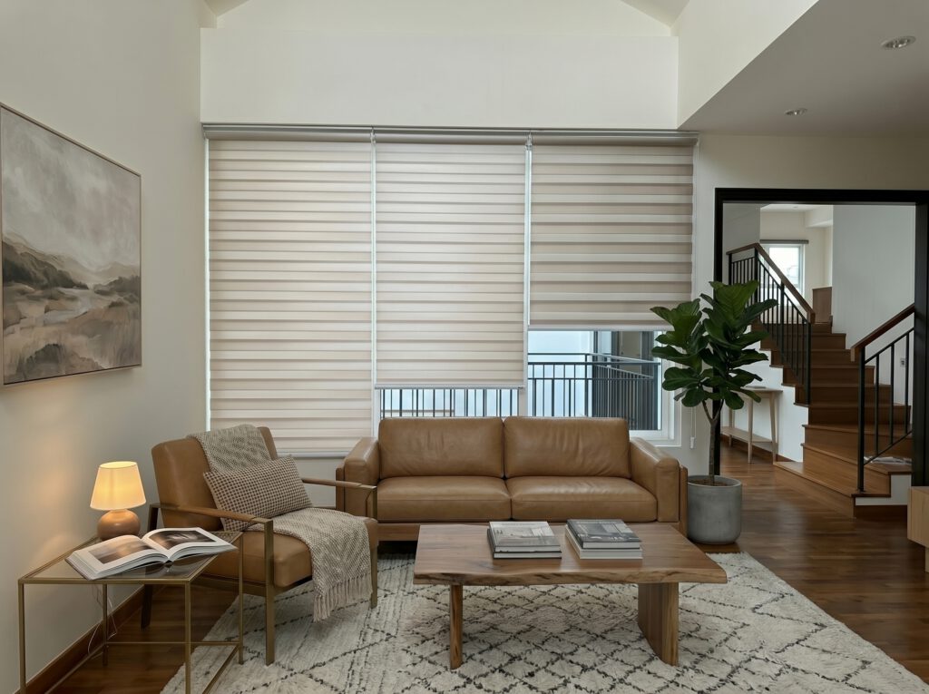 Double layer Korean blinds installed in a Singapore landed property living room with elegant light filtering effect.