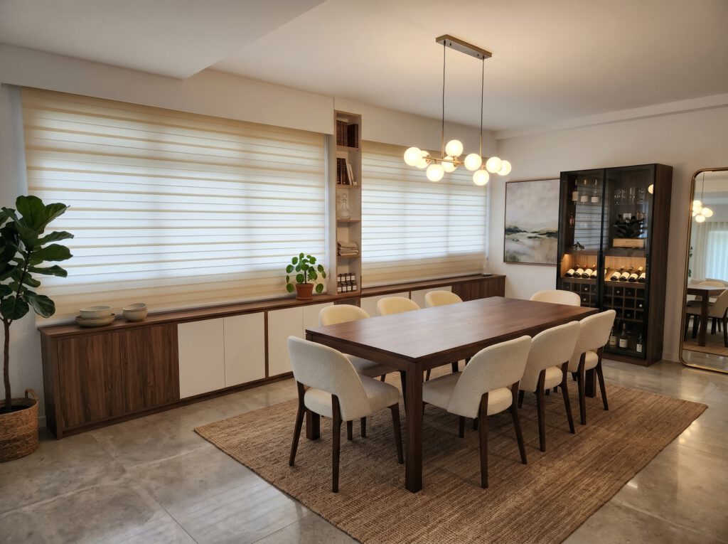 Korean blinds installed in a Tampines HDB dining room featuring modern zebra blind fabric and light filtering performance.
