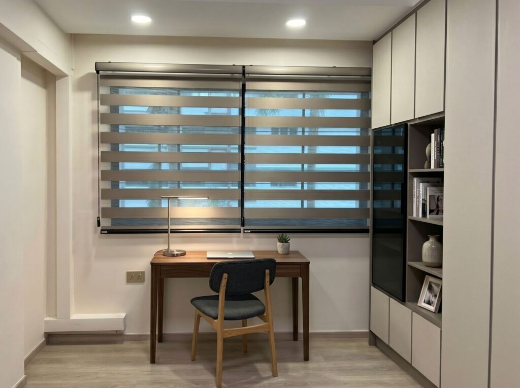Dimout Korean blinds installed in a Sengkang condominium study room for comfortable daylight filtering and privacy.