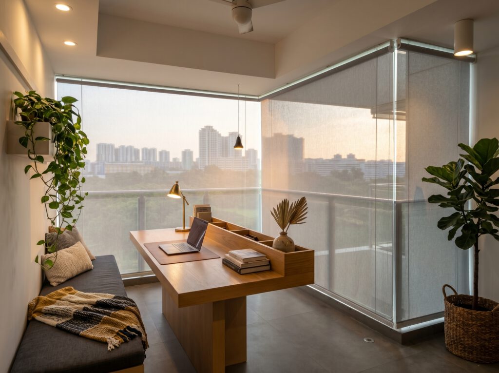 Outdoor blinds installed on a corner balcony for privacy and solar protection.