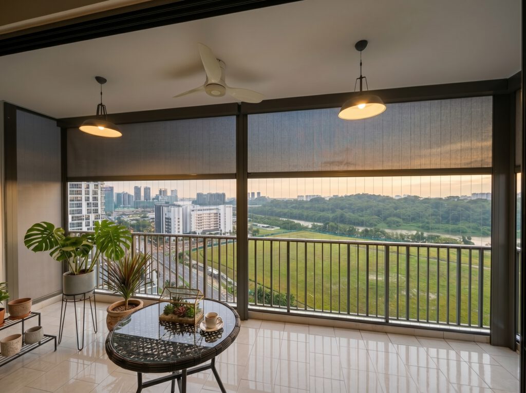 Outdoor ZipScreen protecting a Riverfront Residences balcony in Singapore from sun and rain.