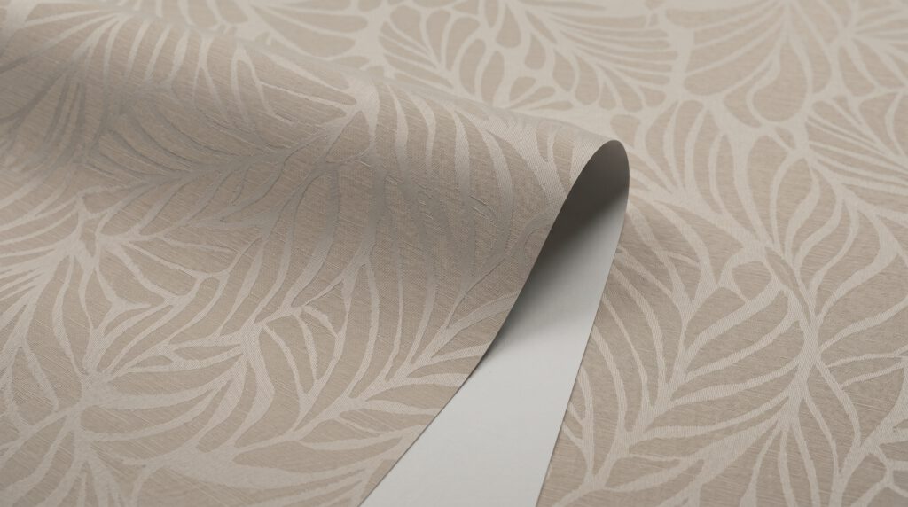 Close-up texture of roller blind fabric in Singapore showing weave detail for blackout dimout and sunscreen variants, warm cream tone, premium window blind material