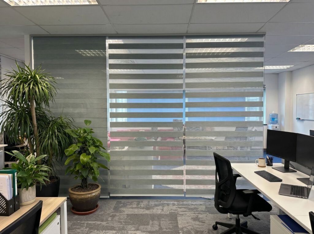 Shadow blinds Singapore office installation in Woodlands featuring double layer zebra blinds for glare reduction and privacy.
