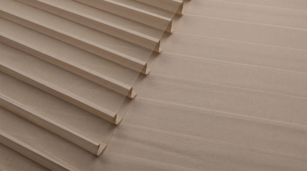 Premium Shangri-La blinds fabric showing soft sheer layers and elegant light filtering design.