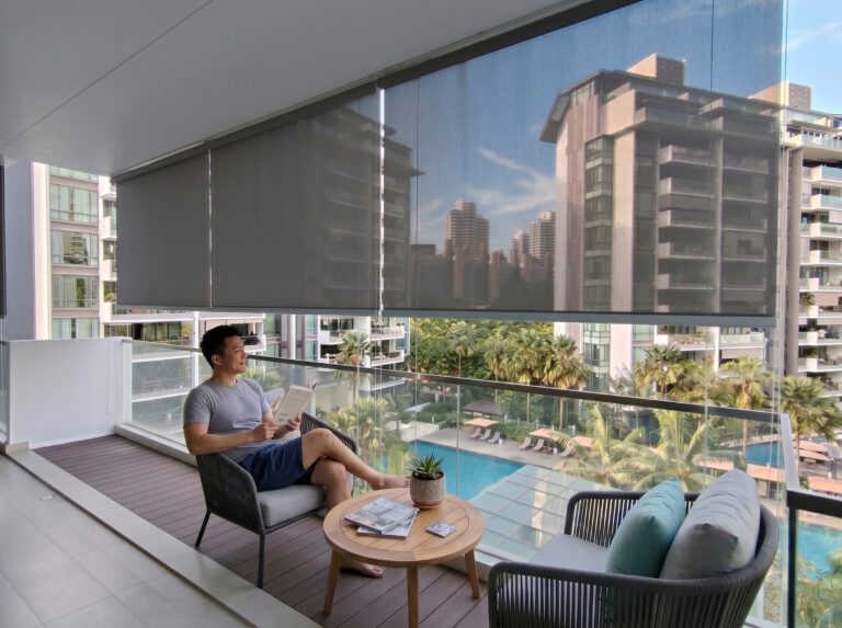 Sunscreen outdoor blinds reducing heat and glare while preserving views from a balcony.