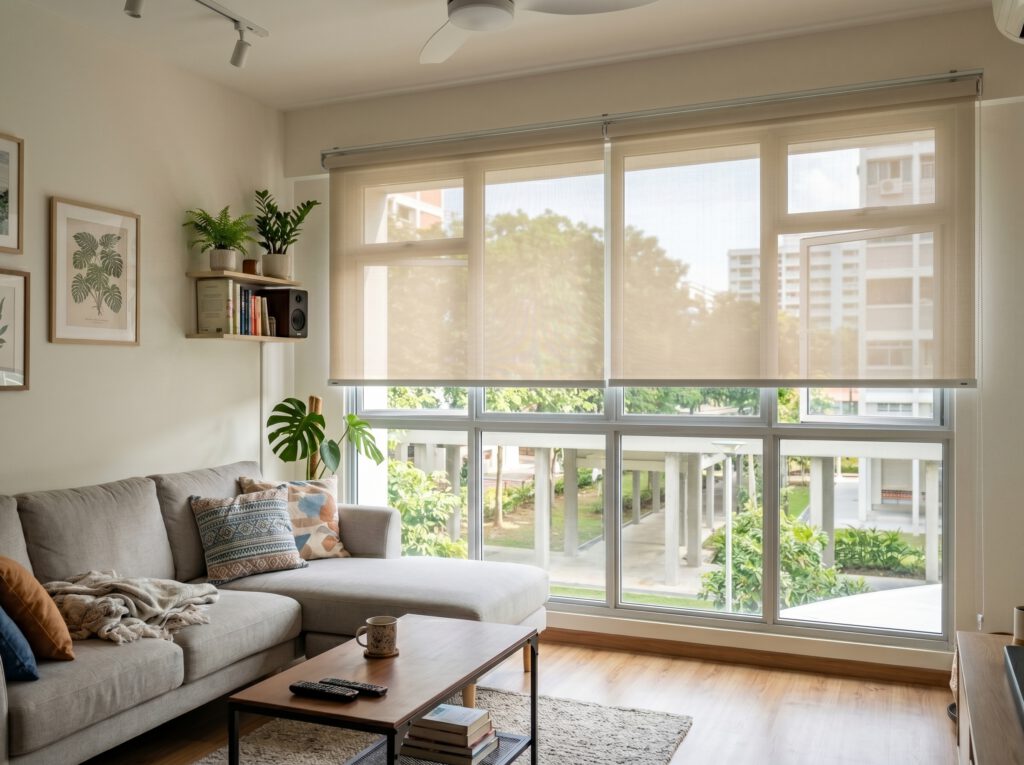 Sunscreen roller blind in a Woodlands HDB living room Singapore filtering harsh afternoon sunlight through 5% openness mesh, outdoor greenery still visible through fabric