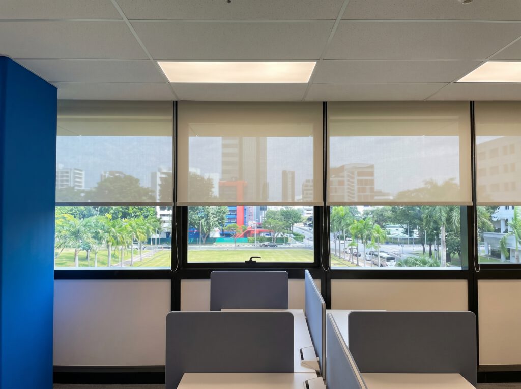 Sunscreen roller blinds in a commercial office along Orchard Road Singapore, afternoon sun filtered through open-weave sunscreen fabric, comfortable bright workspace