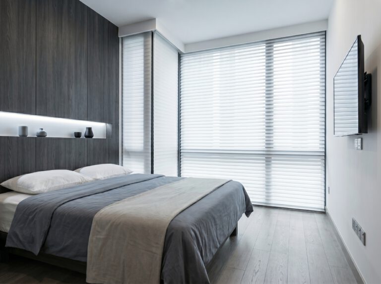Three-layer Trishade Shangri-La blind with soft filtered light in a Singapore home