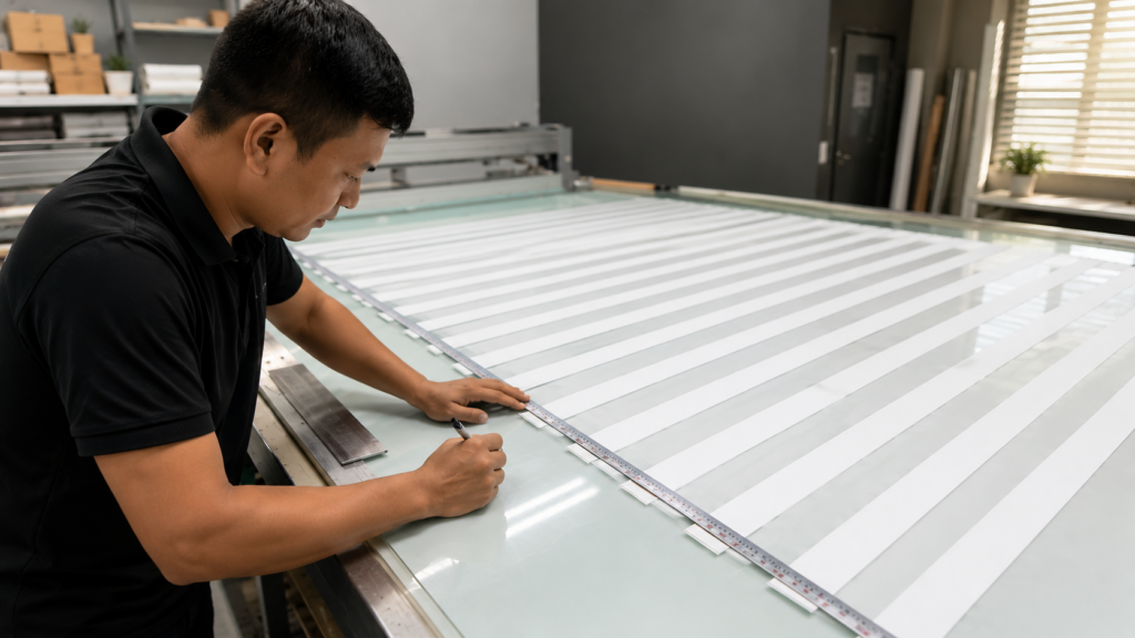 VB Blind technician measuring custom Korean blinds fabric during fabrication at our Singapore manufacturing facility.