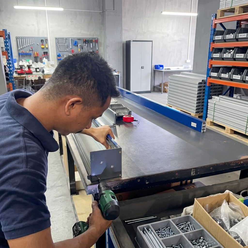 VB Blind staff member manufacturing window blinds at Singapore production facility