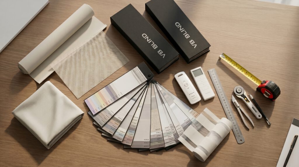 VB Blind fabric sample collection featuring roller blinds, shadow blinds and window furnishing materials for homes and commercial projects in Singapore.