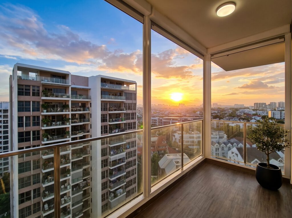 Outdoor ZipScreen at Normanton Park condo balcony during sunset in Singapore.