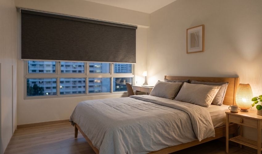 Blackout roller blinds fitted in a Jurong HDB bedroom for better sleep