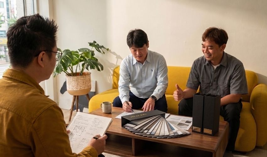 Window blinds dealer discussing custom project support with manufacturer in Singapore near Ubi industrial area.