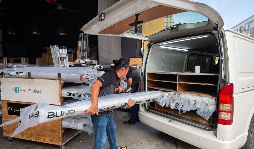 Custom window blinds prepared for dealer delivery from Singapore warehouse near Changi Business Park.