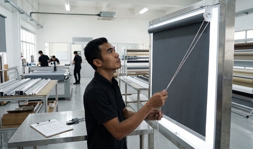Quality inspection of custom blinds before delivery at a Singapore window furnishing manufacturer near Ubi.