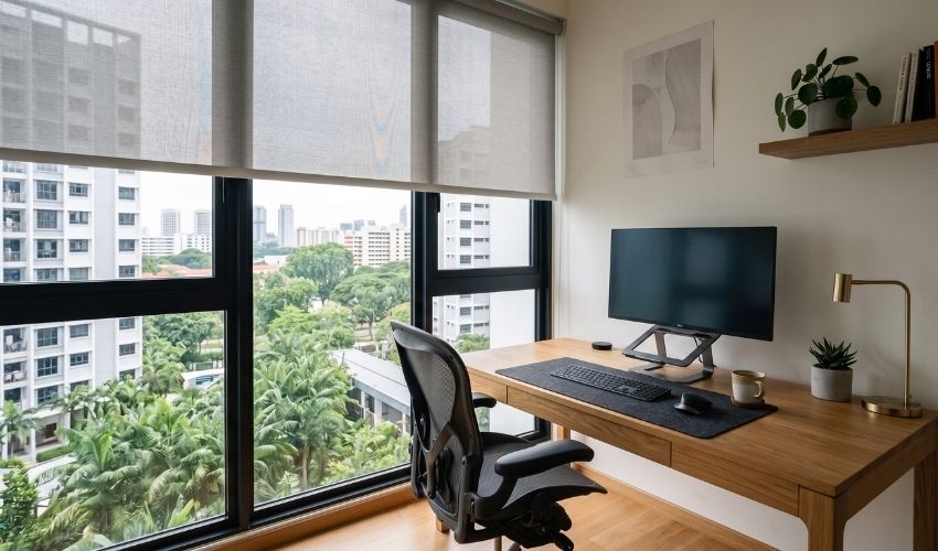 Dim-out roller blinds used in a Singapore home office to reduce glare.