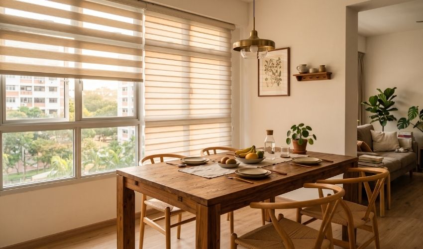 Korean blinds creating warm ambient light in a Yishun dining area