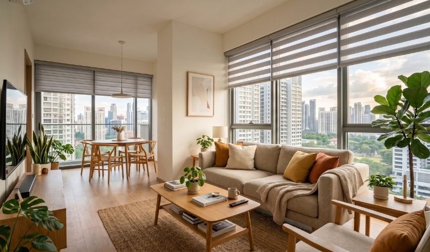 Korean blinds installed in a Punggol condo living room for filtered daylight