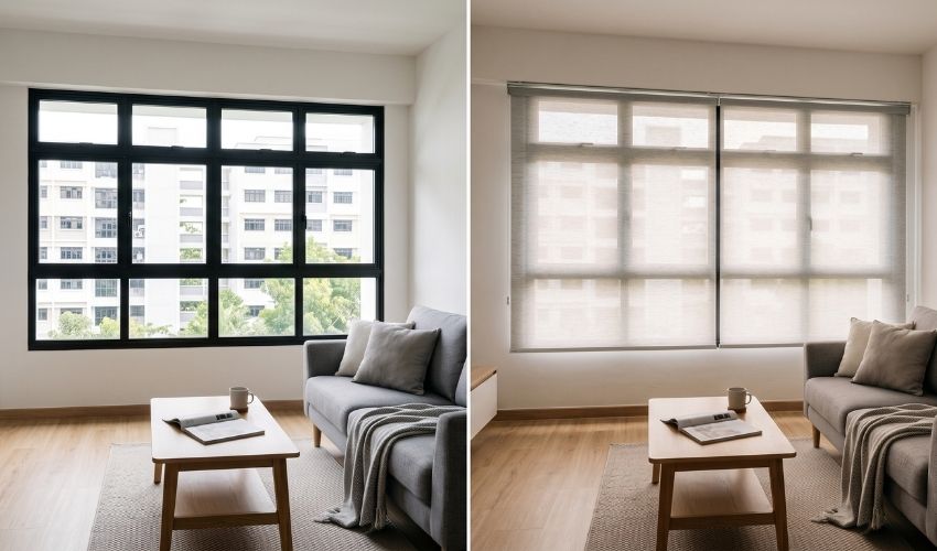Premium roller blinds installed in a modern Singapore home.