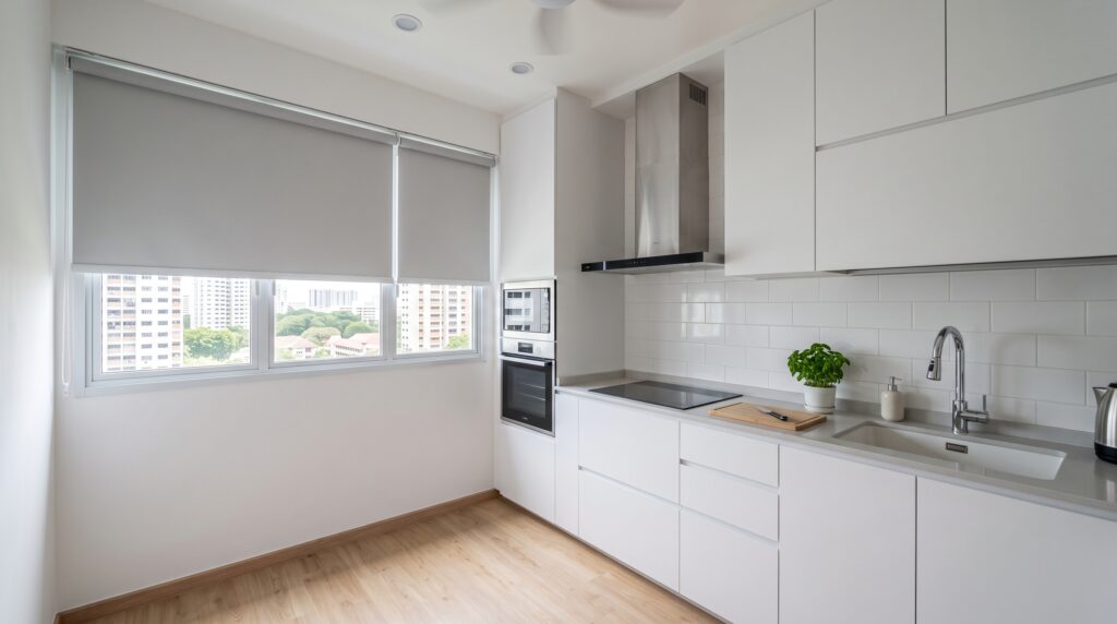PVC blackout roller blinds installed in a modern Singapore kitchen to reduce sunlight and improve privacy.