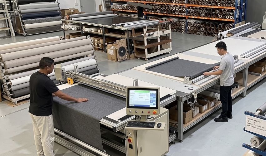 Custom roller blinds being manufactured for Singapore projects.
