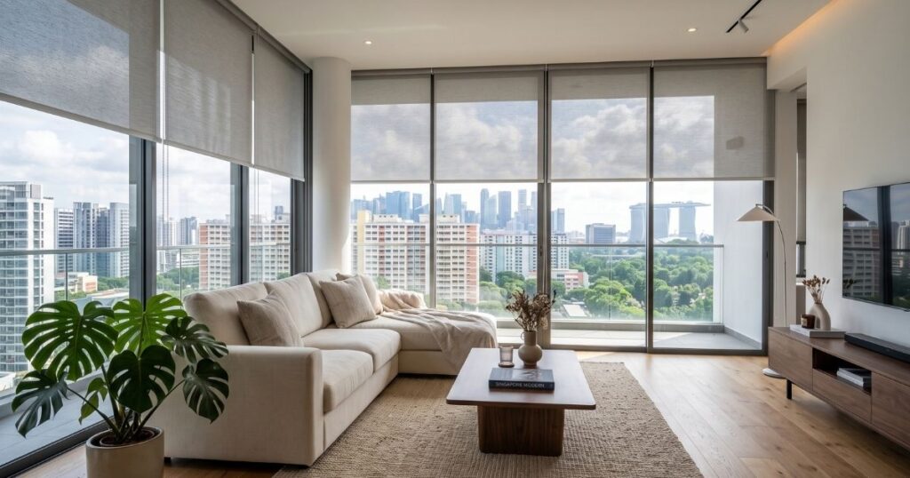 Modern roller blinds installed in a Singapore condominium living room with natural daylight.