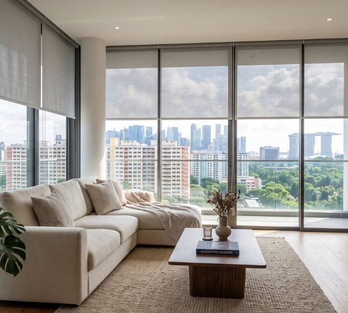 Modern roller blinds installed in a Singapore condominium living room with natural daylight.