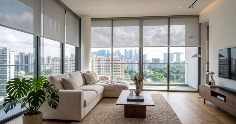 Modern roller blinds installed in a Singapore condominium living room with natural daylight.