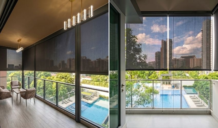 Comparing a sheltered low-floor balcony roller blind to a high-floor ZipScreen setup in Clementi