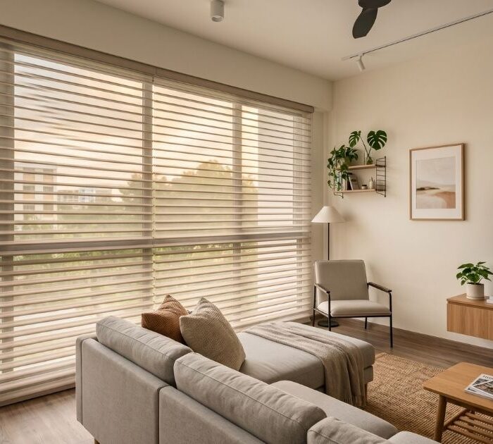 Shangri-La blind Singapore fitted in an HDB living room in Woodlands, with vanes angled for soft diffused light