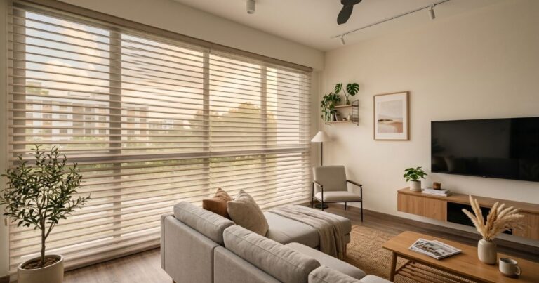 Shangri-La blind Singapore fitted in an HDB living room in Woodlands, with vanes angled for soft diffused light