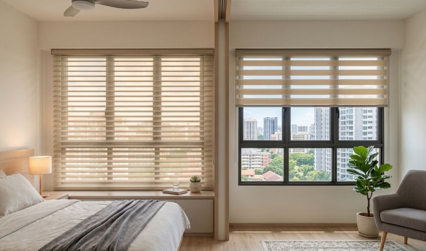 Side-by-side comparison of a Shangri-La blind and a Korean blind in a condo bedroom in Punggol, Singapore