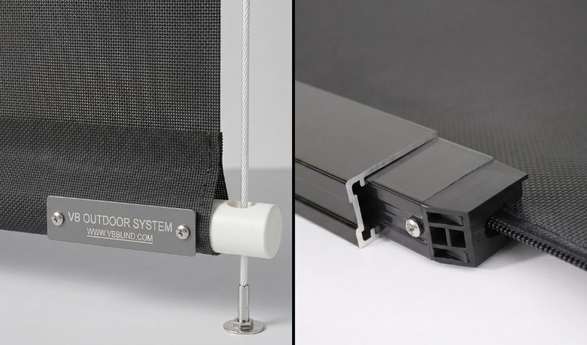 ZipScreen vs Outdoor Roller Blinds: cable side guide compared to Z-LOCK track