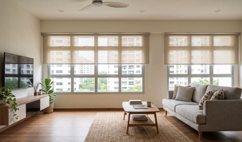 Completed Singapore BTO living room with custom roller blinds