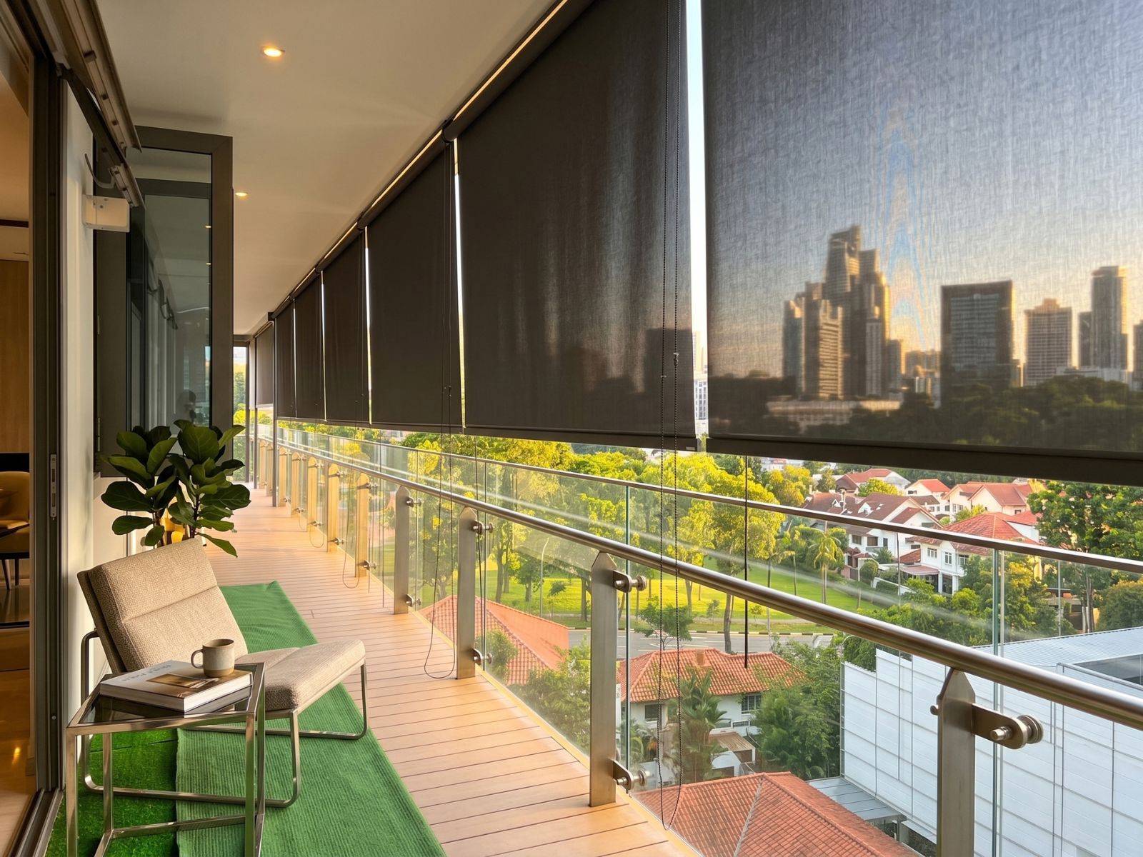 Outdoor blinds installed at a Singapore condo balcony for privacy, glare reduction and comfort.