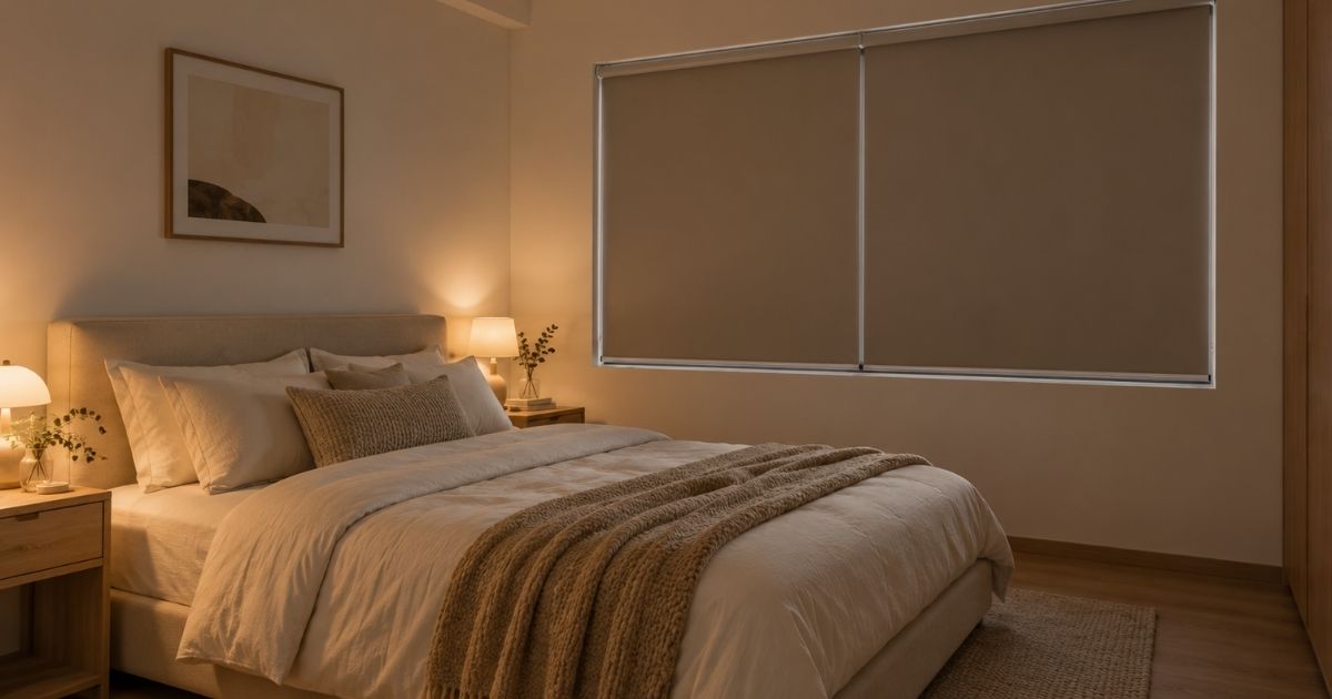 How to choose blackout blinds: taupe roller blinds in a bedroom with warm bedside lighting