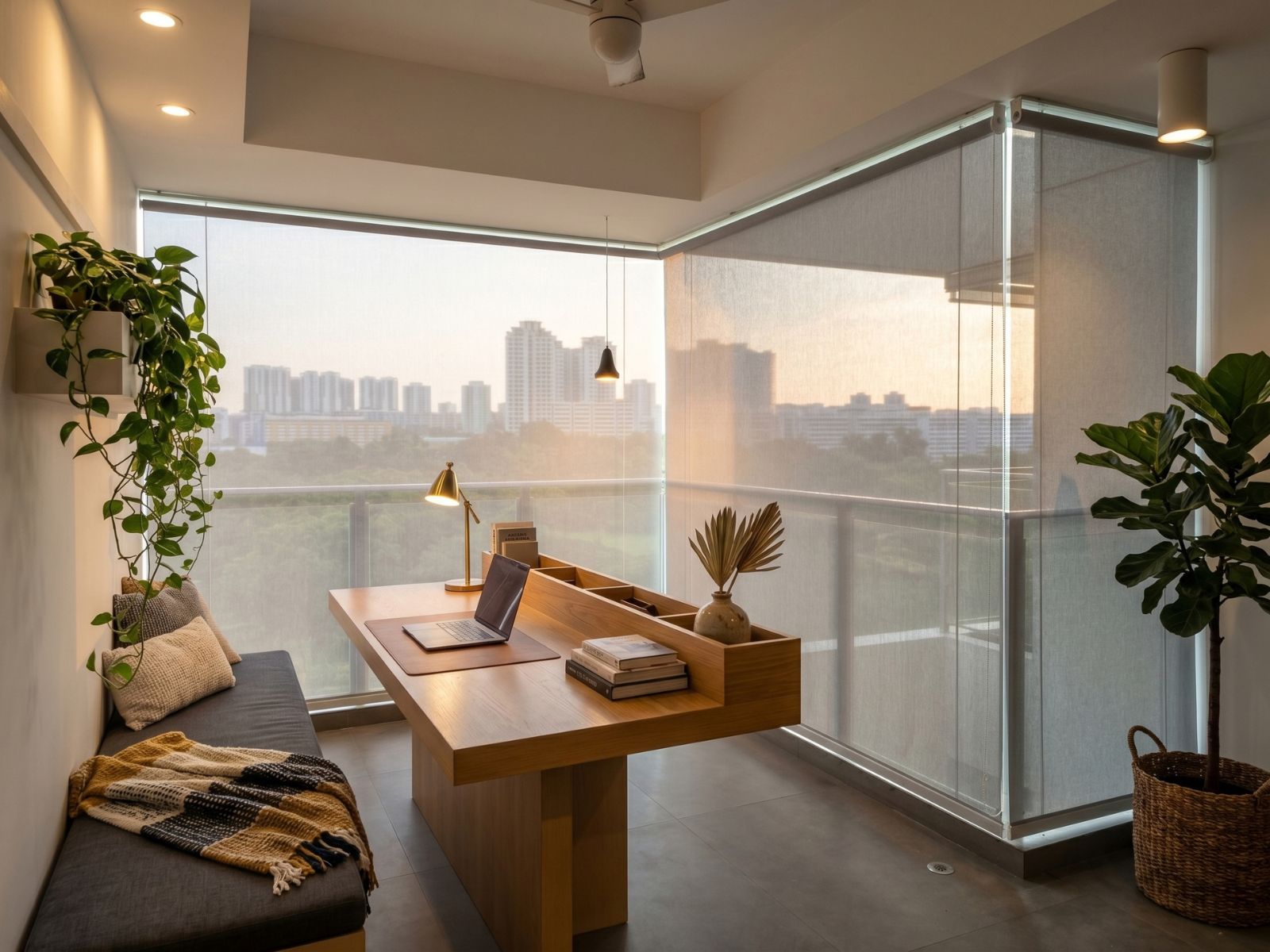 Outdoor blinds installed on a corner balcony for privacy and solar protection.