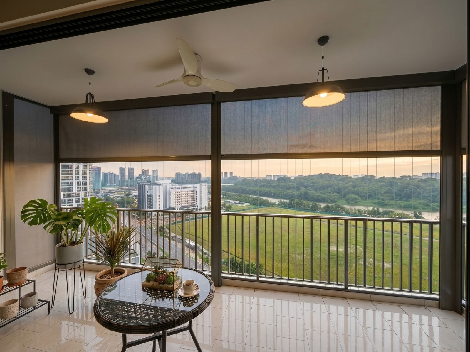 Outdoor ZipScreen protecting a Riverfront Residences balcony in Singapore from sun and rain.