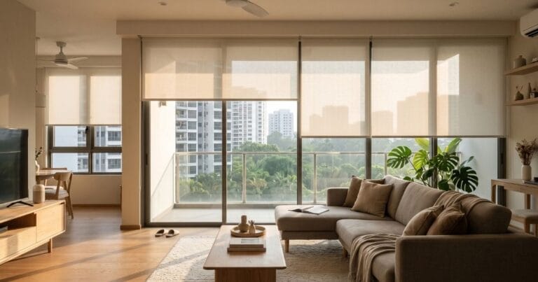 Roller blinds Singapore living room with soft filtered daylight