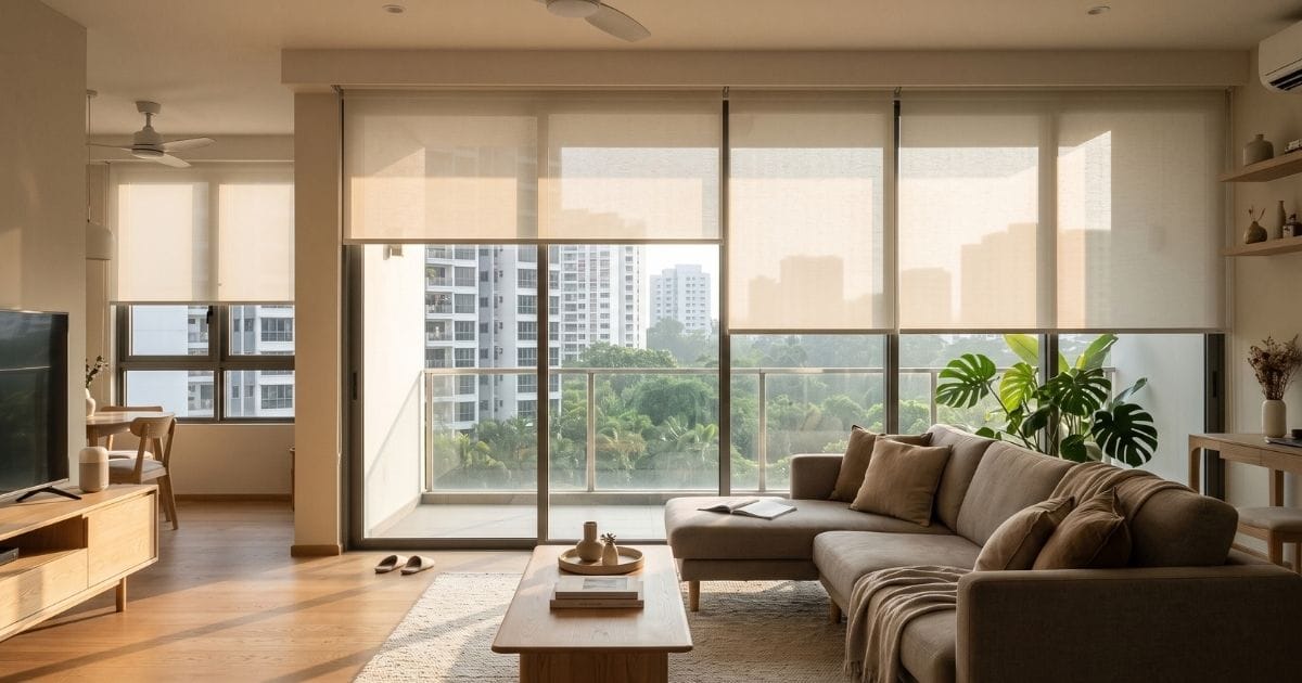 Roller blinds Singapore living room with soft filtered daylight