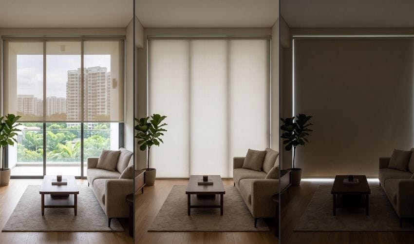 Sunscreen dimout and blackout roller blinds Singapore fabric comparison