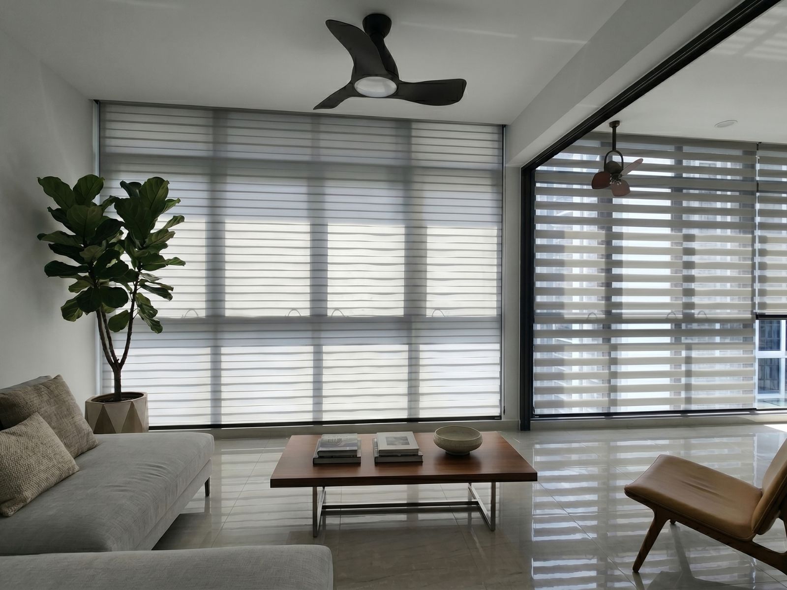 Shadow blinds Singapore installation in a Punggol HDB living room offering privacy, daylight control and contemporary design.