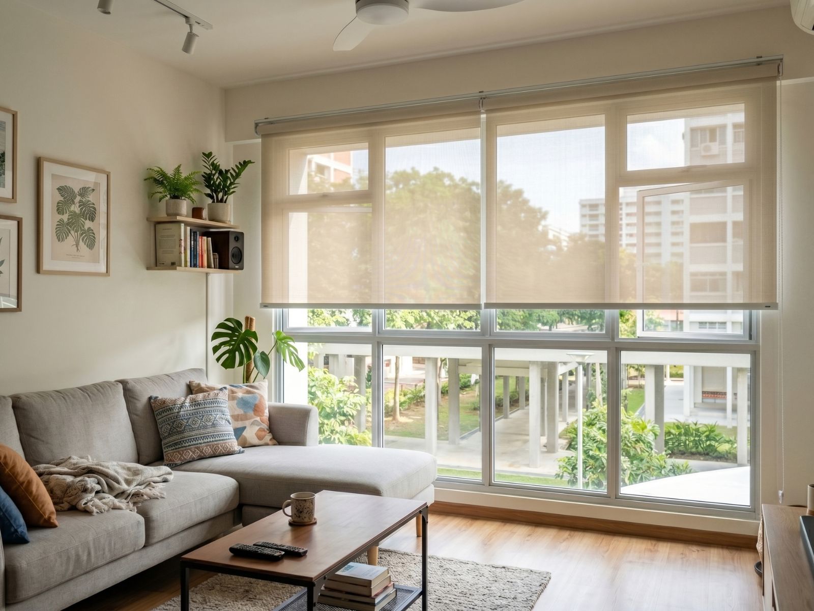 Sunscreen roller blind in a Woodlands HDB living room Singapore filtering harsh afternoon sunlight through 5% openness mesh, outdoor greenery still visible through fabric