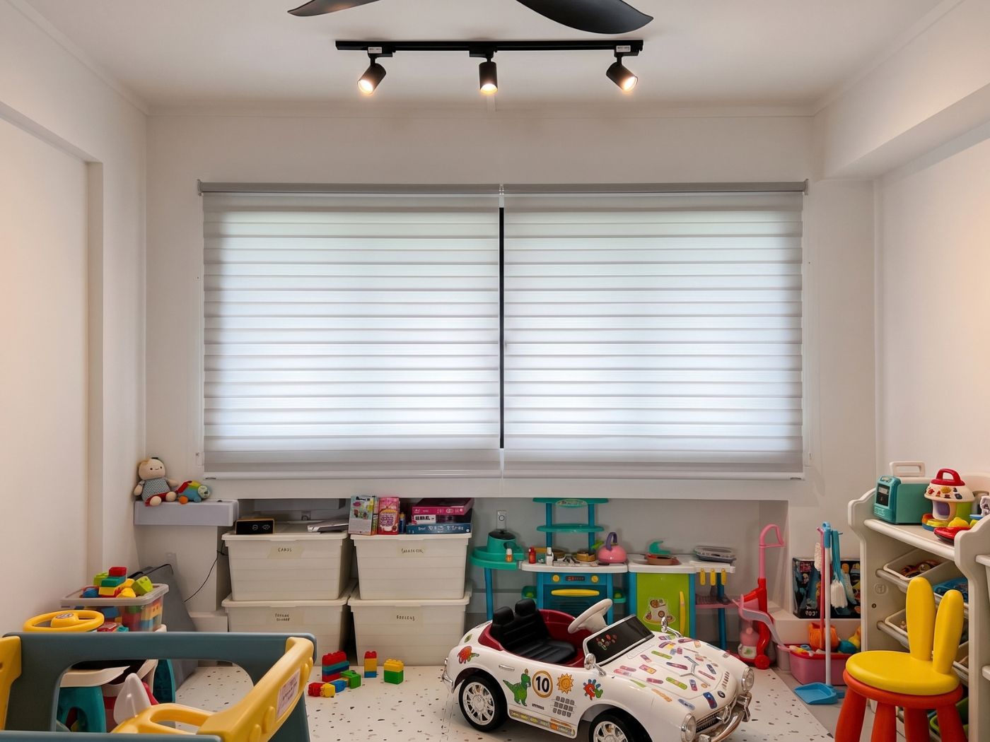 VB Blind Dimout Korean blinds installed across a wide window in a Singapore family playroom