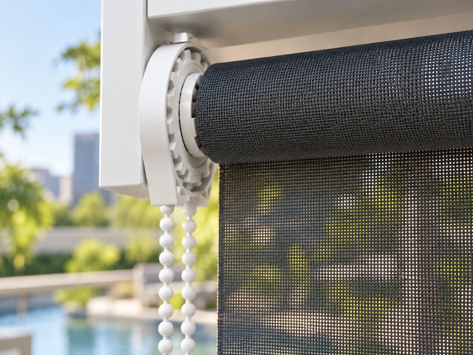 Hand holding a VB Blind remote control to operate motorised outdoor roller blinds in Singapore.