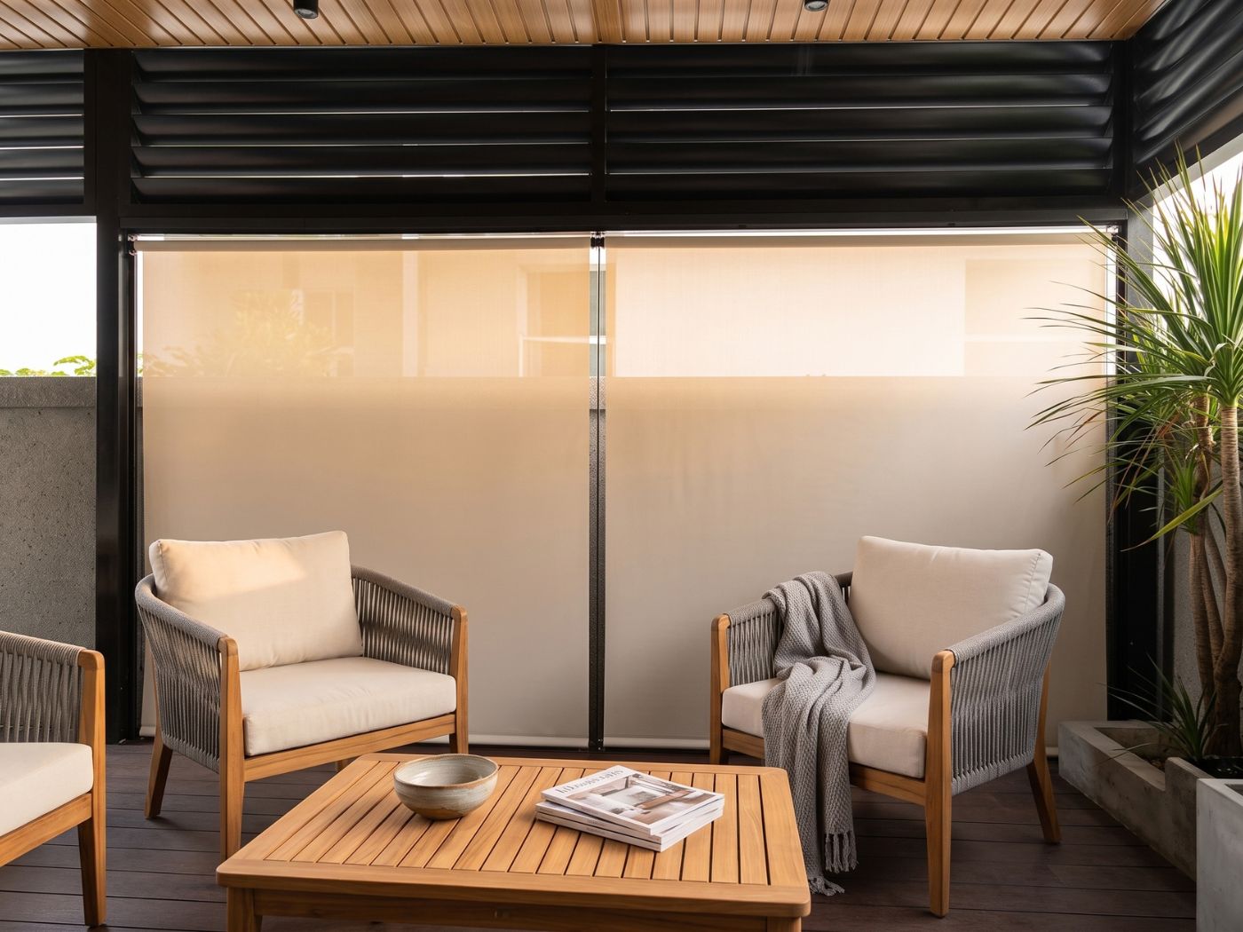VB Blind outdoor roller blinds providing shade and privacy for a sheltered patio in Singapore